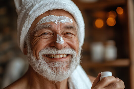 Man with white beard and towel on head, relaxing on tropical beach chair, palm trees in background, ocean waves.
