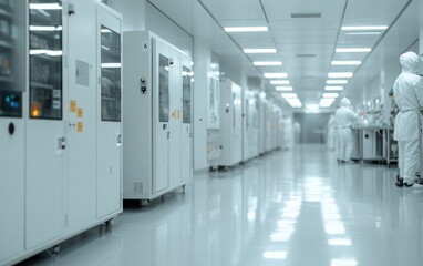 Cleanroom interior with technicians in white suits working with high-tech equipment. Bright, sterile environment with reflective floors and modern machinery.  Long corridor perspective