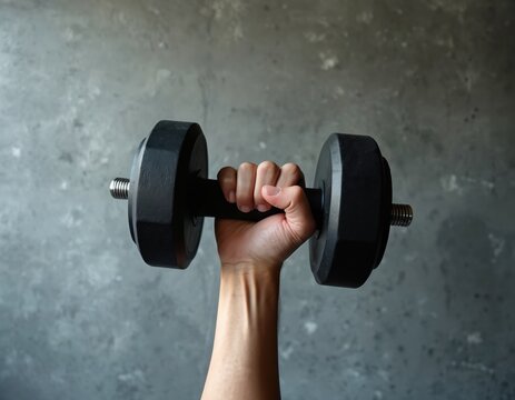 Close-up of hand lifting heavy black dumbbell against grey concrete wall. Person exercises to build muscle strength. Athlete workout in gym, lifestyle, healthy body concept.