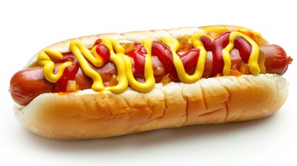 Fast food hot dog with sausage, yellow mustard and tomato ketchup on bright background