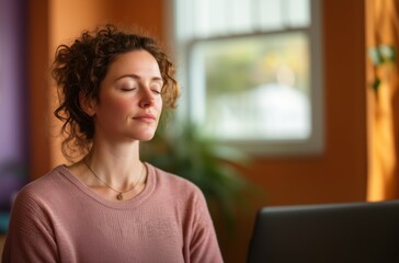 European woman with red hair meditates peacefully in a cozy living room. Eyes closed, surrounded by warm tones and natural light. A quiet moment of mindfulness and harmony.