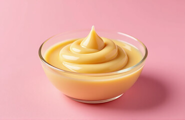 Pink Background Presents A Clear View Of Creamy Caramel Pudding In A Sweet Dessert Dish Arrangement For Display Purposes.