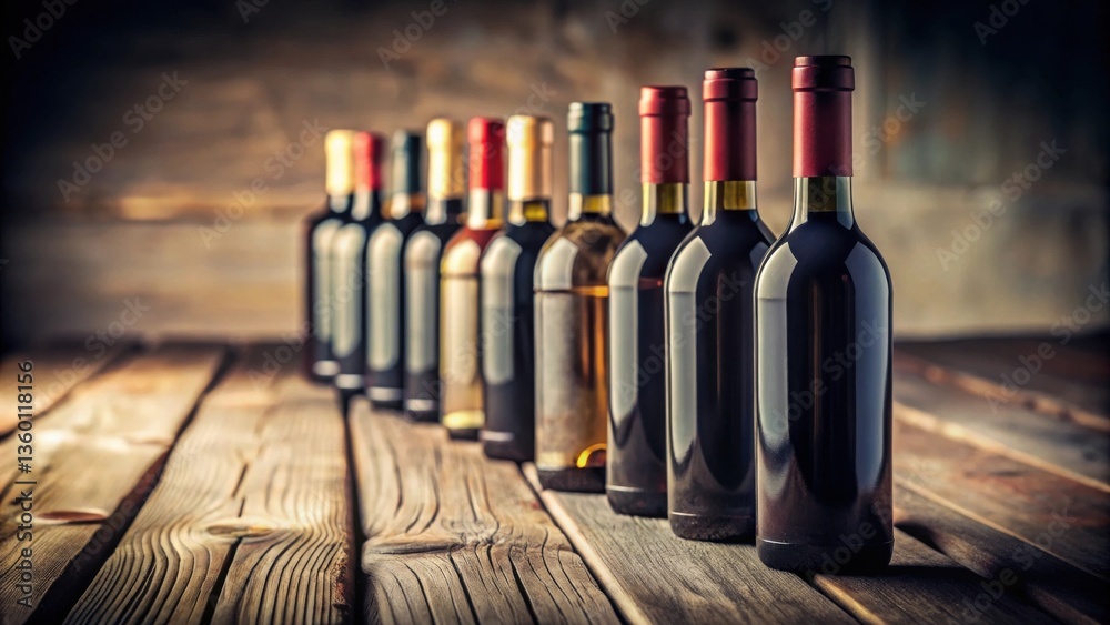 Poster a row of wine bottles on a rustic wooden surface