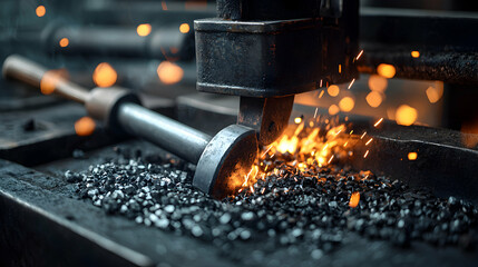 A blacksmith forges metal with sparks flying. Use this image to visualize industrial processes or craft detailed depictions of metalworking.