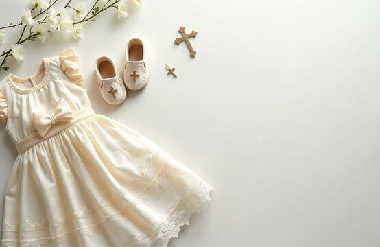 Christening background baby clothes dress, shoes, cross. Baptism celebration religious symbol. Newborn infant first holy communion announcement invitation card design. White flowers decor.