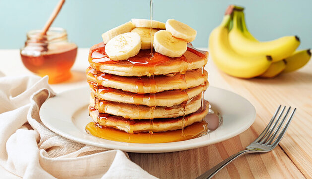 Stack of pancakes with banana and honey, stream of maple syrup flowing. AI