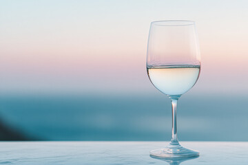 A wine glass filled with white wine against a soft pastel background at sunset.