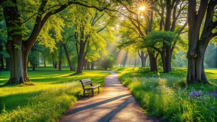 Fototapeta premium Serene park pathway with sunbeams illuminating a solitary bench amidst lush greenery and blooming wildflowers.