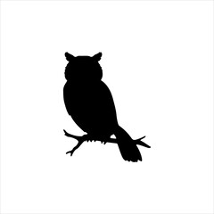 Owl sitting branch silhouette icon vector flat design.