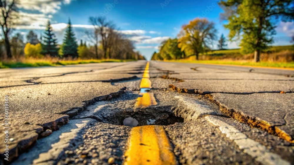 Poster a severely deteriorated asphalt road surface with deep potholes and cracks, showcasing the need for 
