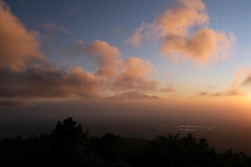 View of Kilimanjaro at sunrise while trekking Mount Meru, a volcano in Tanzania. Arusha National Park