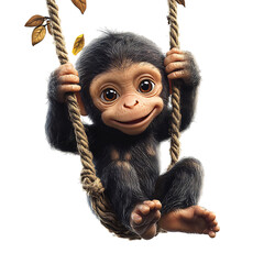 Playful Baby Monkey Hanging on Rope Isolated on Transparent Background