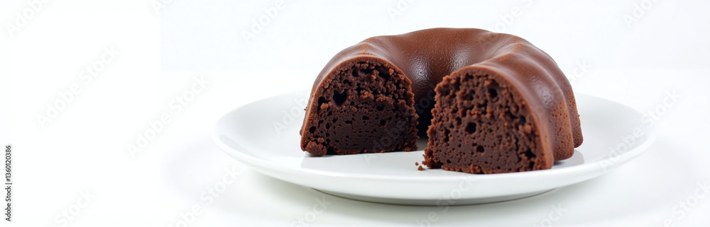 Poster moist krokan chocolate cake sits on a clean white plate in a studio setting against an isolated back