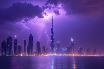 Obraz premium As the metropolitan skyline, the spectacle depicts the peaceful cohabitation of vibrant city life with the thunderous might of lightning. Generative Ai