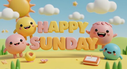 Fototapeta premium Cute Cartoon Characters Wishing a Happy Sunday in Playful 3d Scene