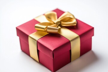 Red gift box with gold ribbon on white background for special occasion