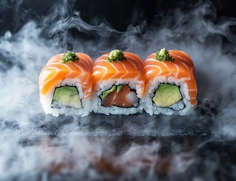 Fototapeta Three Salmon Avocado Sushi Rolls Garnished with Green Topping on Dark Surface with Smoke