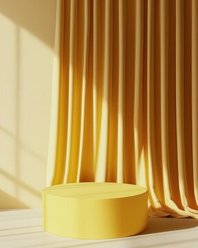 Minimalist Yellow Product Display Podium with Curtain and Sunlight, Simple and Clean Design, Copy Space