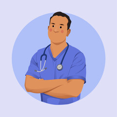 Fototapeta premium Professional male nurse or doctor avatar illustration in blue scrubs.