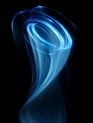 Swirl Stage. Neon glowing circles. Light Trails. Glint bright spiral. Motion ellipse..Slow shutter light trajectory. Long shiny tape. Accelerate twisted ribbon. Glowing dynamic lines.