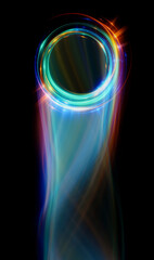 Swirl Stage. Neon glowing circles. Light Trails. Glint bright spiral. Motion ellipse..Slow shutter light trajectory. Long shiny tape. Accelerate twisted ribbon. Glowing dynamic lines.