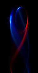 Swirl Stage. Neon glowing circles. Light Trails. Glint bright spiral. Motion ellipse..Slow shutter light trajectory. Long shiny tape. Accelerate twisted ribbon. Glowing dynamic lines.