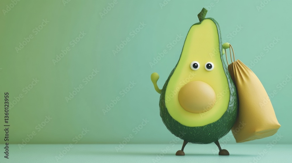 Poster humorous cartoon avocado carrying a grocery bag in a playful pastel setting with exaggerated proport