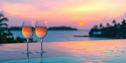 Two glasses of sparkling wine beside a serene pool at sunset with a coastal view.