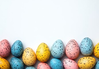 Obraz premium Colorful Speckled Easter Eggs Arrangement on a Simple Background for Spring Celebration and Festive Decorations in Pastel Shades
