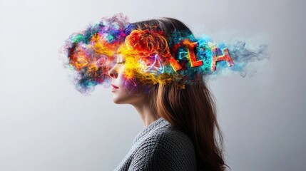 Naklejka premium A stylized profile view of a woman with closed eyes, vibrant colorful smoke rising like a brain, filled with letters and symbols representing thoughts