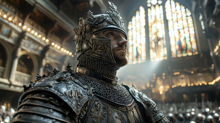 A knight in detailed armor stands in a grand hall. The image suggests fantasy or historical fiction. Use it for book covers or game art to evoke power and honor.