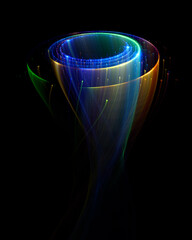 Swirl Stage. Neon glowing circles. Light Trails. Glint bright spiral. Motion ellipse..Slow shutter light trajectory. Long shiny tape. Accelerate twisted ribbon. Glowing dynamic lines.