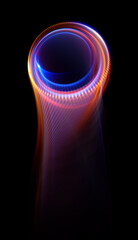 Swirl Stage. Neon glowing circles. Light Trails. Glint bright spiral. Motion ellipse..Slow shutter light trajectory. Long shiny tape. Accelerate twisted ribbon. Glowing dynamic lines.