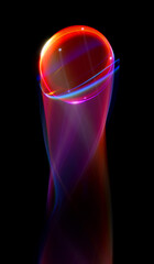 Swirl Stage. Neon glowing circles. Light Trails. Glint bright spiral. Motion ellipse..Slow shutter light trajectory. Long shiny tape. Accelerate twisted ribbon. Glowing dynamic lines.