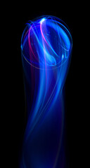 Swirl Stage. Neon glowing circles. Light Trails. Glint bright spiral. Motion ellipse..Slow shutter light trajectory. Long shiny tape. Accelerate twisted ribbon. Glowing dynamic lines.