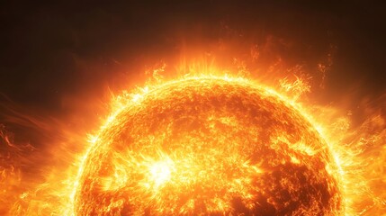 Fiery Sun with Intense Solar Flares, A fiery, glowing sun with intense solar flares and a dark background