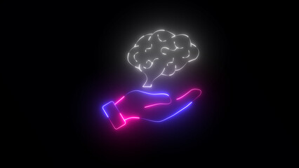 Glowing Neon Brain Icon Isolated on Black Background. human hands brain. Human hands holding brain icon. human brain. Innovative technologies abstract background brain icon illustration
