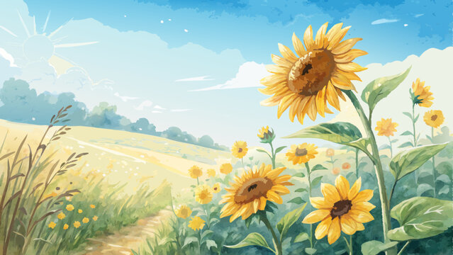Watercolor sunflower field background, bright yellow blooms swaying in a gentle breeze under a sunny blue sky, reflecting the joy of the Solstice with copy space 