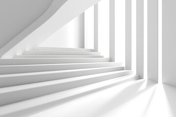 Obraz premium White staircase with bright light streaming through, casting shadows on steps.