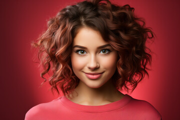 Naklejka premium A Beautiful Teenage Girl Against a Soft Pink Background