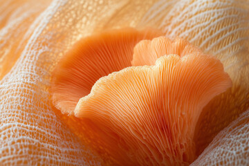Close up of a mushroom in a forest, showcasing intricate textures and colors.