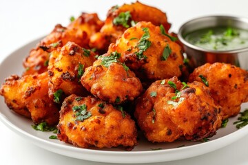 Fototapeta premium On a white platter are delectable, crunchy pakora appetizers. On a white backdrop, a delicious food dish is isolated and used as a light snack or appetizer. Generative Ai