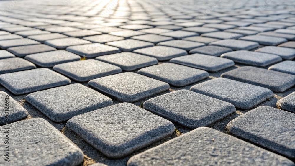 Poster Sunlight Gleaming on a Patterned Pavement of Gray Stone Blocks