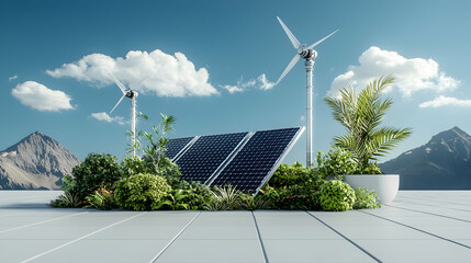 Image showcases renewable energy concept. It features solar panels wind turbines lush greenery and mountain backdrop suggesting sustainable living. Could be used in environmental campaigns.