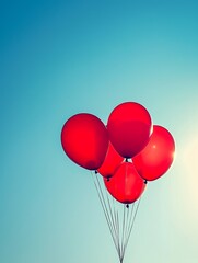 Fototapeta premium A group of red balloons on a clear sky with soft morning sunlight