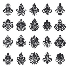 Fototapeta premium A collection of intricate black damask patterns transparent background, showcasing various symmetrical floral and leaf designs. These elegant motifs are ideal for decorative purposes, adding touch