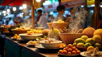Fototapeta premium Close-up of a Penang food market stall with traditional dishes and fresh tropical fruits