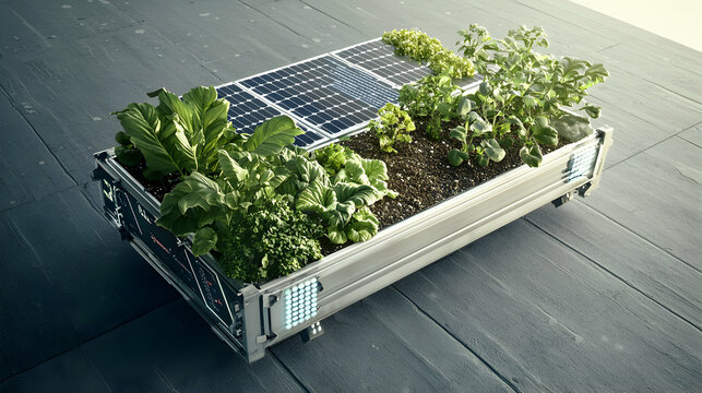 This image showcases a self-sustaining urban garden. It integrates solar panels for energy and diverse crops for food production. Ideal for eco-friendly living and urban spaces.