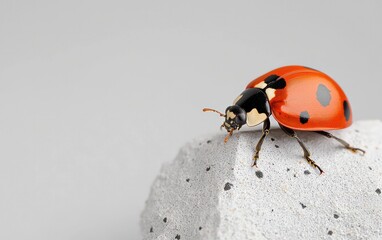 Close-up of a ladybug on a small, speckled, white rock against a light gray background. The ladybug is predominantly red with black spots and a black head