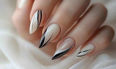 A woman's hand with intricately painted black and white nails, highlighting a modern and fashionable manicure.